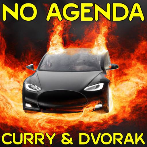 Tesla on fire, branding removed so Elon can't sue No Agenda, AI-generated by Comic Strip Blogger